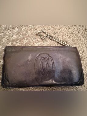 Cartier Black Leather Clutch Wallet Wristlet with Chain Strap